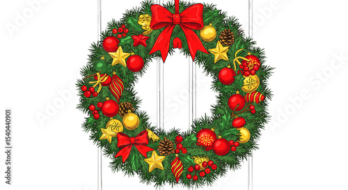 Christmas wreath decorated with red and gold ornaments and bow  