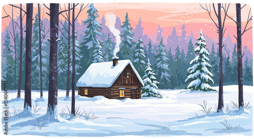 New Year. Cozy cabin in snowy forest at sunset during winter season  