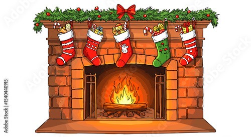 Christmas fireplace with stockings and festive decorations  