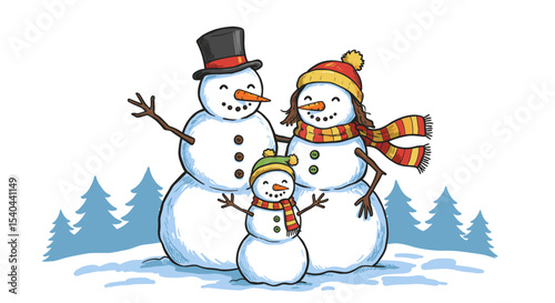 Three cheerful snowmen celebrating New Year in winter landscape  