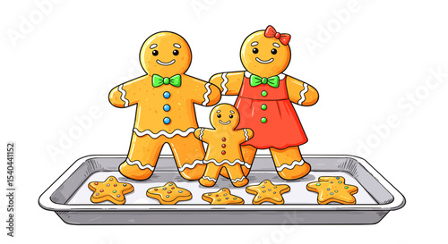 Gingerbread family cookies on baking tray for New Year celebration  