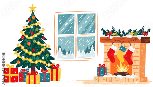 Christmas tree and fireplace with gifts on snowy winter background  