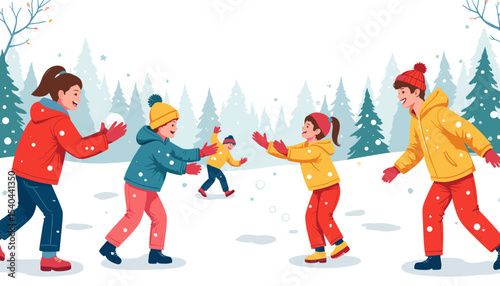 New Year, Children playing snowball fight in winter snowy forest background  