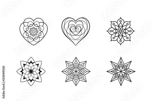 Elegant black and white ornamental design elements with intricate heart and star motifs