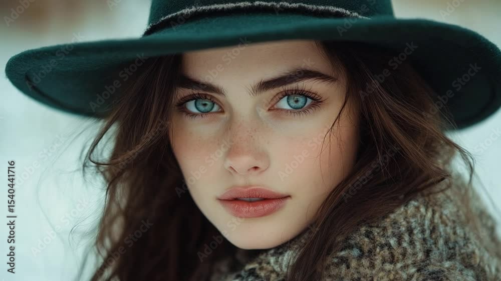 Winter Fashion Portrait Woman in Green Hat. Winter Fashion Portrait Woman in Green Hat.