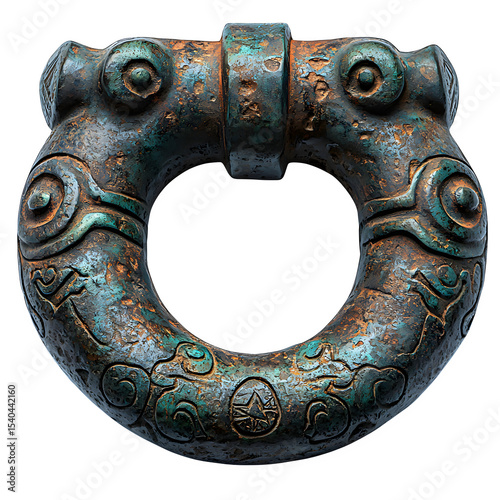 Ancient Luristan bronze bit, 1st millennium BCE, twisted mouthpiece with cheekpieces, aged bronze tones, isolated on a white background