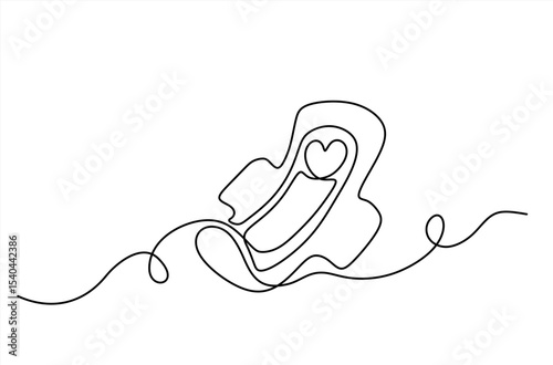 One continuous line drawing of sanitary napkin and pad. Menstruation cycle and menstrual calendar concept in simple linear style. Hygienic absorbent in Editable stroke.  Hand drawn one line vector.