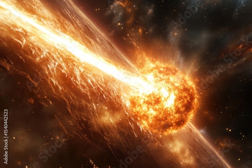A bright orange comet is streaking across the sky above a mountain range