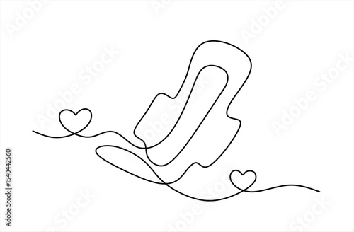 One continuous line drawing of sanitary napkin and pad. Menstruation cycle and menstrual calendar concept in simple linear style. Hygienic absorbent in Editable stroke.  Hand drawn one line vector.