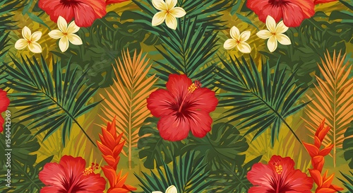 Vibrant red and yellow flowers bloom in a seamless floral pattern, perfect for a cheerful spring or summer garden wallpaper design