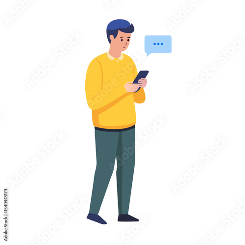 Young man using smartphone messaging app transparent background