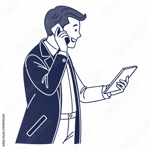 Businessman using phone and tablet multitasking modern communication