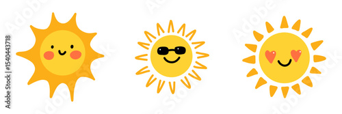 Cute sun collection. Adorable set of cartoon sun characters with faces with cheeks, sunglasses, and heart eyes. Perfect for kids designs, summer themes, prints, and playful decor.