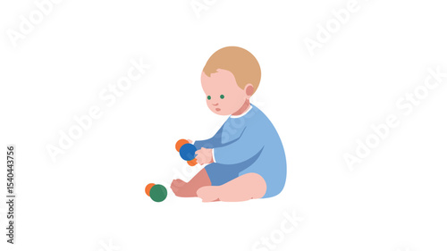 A digital illustration depicts a fair-skinned baby with blond hair, wearing a light blue onesie, sitting on a white background and playing with colorful toys. The baby is shown from the knees up.