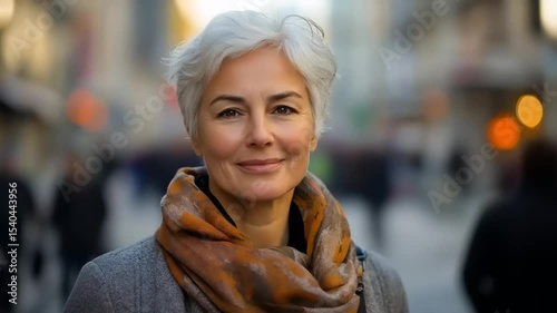 Confident mature woman city street.
