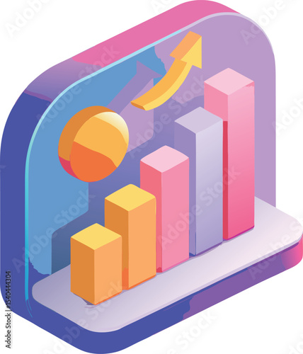 Isometric illustration of upward trending bar graph showing growth