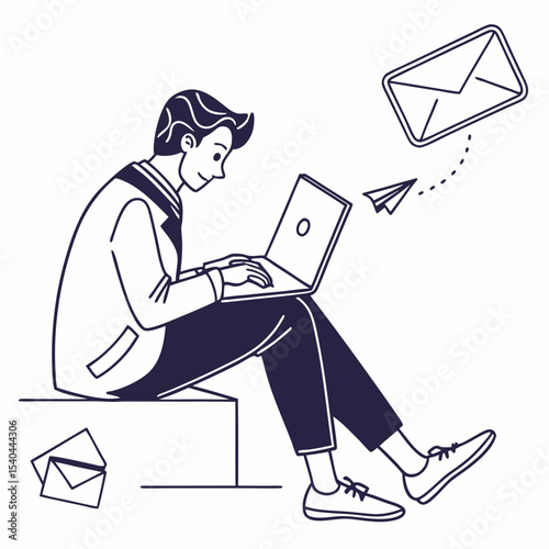Man working on laptop receiving emails online communication