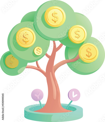 Money tree illustration growing dollar coins