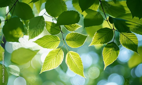 Lush Green Leaves Illuminated by Sunlight Against a Soft Blue and Green Bokeh Background