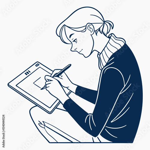 Young woman artist drawing on graphics tablet digital art illustration