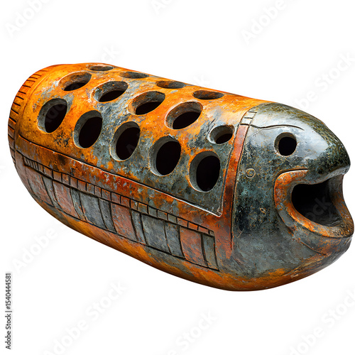 Ancient Maya ceramic ocarina, Classic period, effigy form with finger holes, rich terracotta tones, isolated on a white background