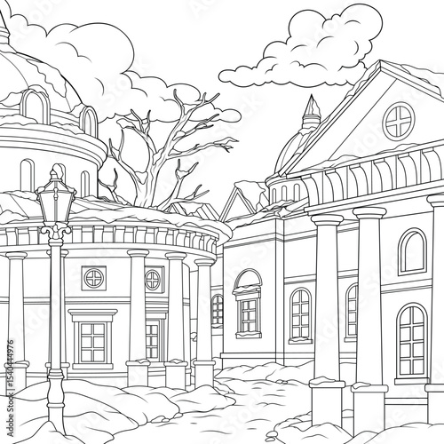 Vector illustration, old historical buildings in winter