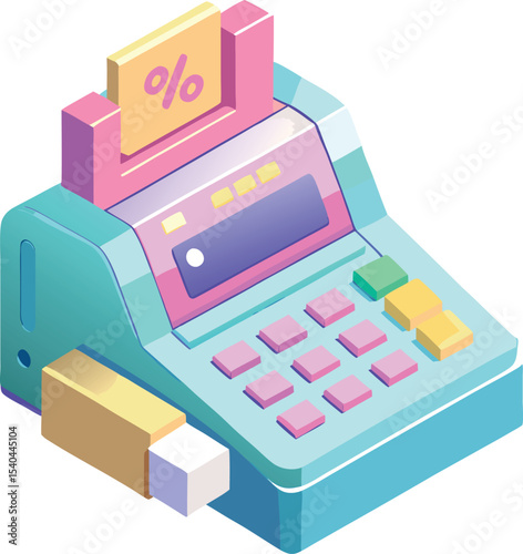 Pastel colored isometric illustration of a cash register with percentage sign