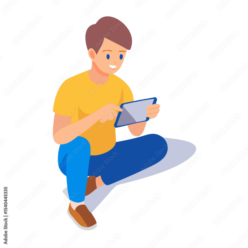 Young man sitting cross-legged using tablet device on white background Young man sitting cross-legged using tablet device on white background
