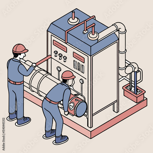 Isometric cartoon illustration of HVAC engineer and technicians performing inspection and maintenance on an industrial chiller system at a facility.