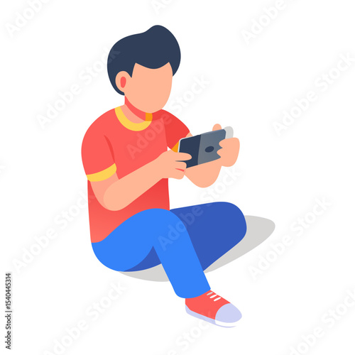 Young man playing mobile game sitting floor clean cutout illustration