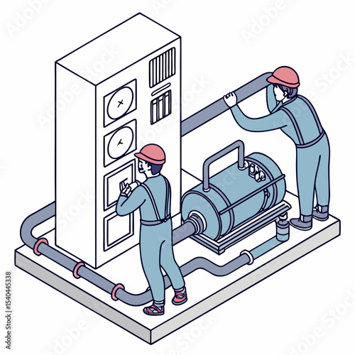 Technicians and HVAC engineer perform routine maintenance and inspection of industrial chiller system in isometric cartoon vector illustration format.