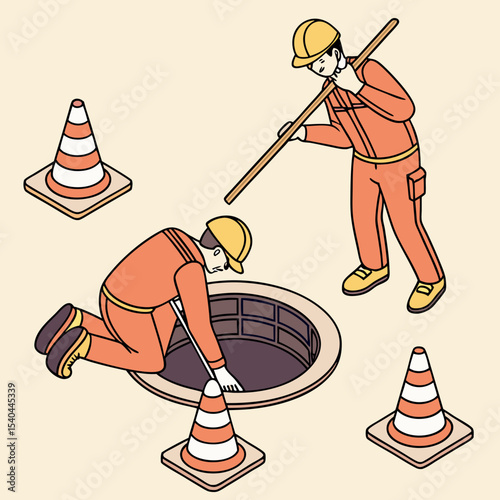 Isometric scene of urban maintenance workers servicing a manhole for drainage system repair and waste management in city infrastructure.