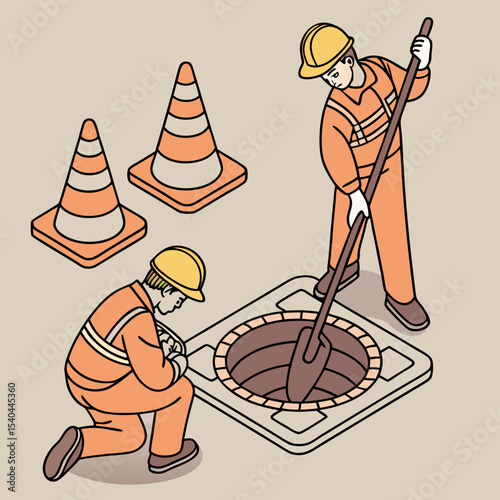 Urban workers in isometric illustration inspect and clean a city manhole for drainage system maintenance and waste management duties.