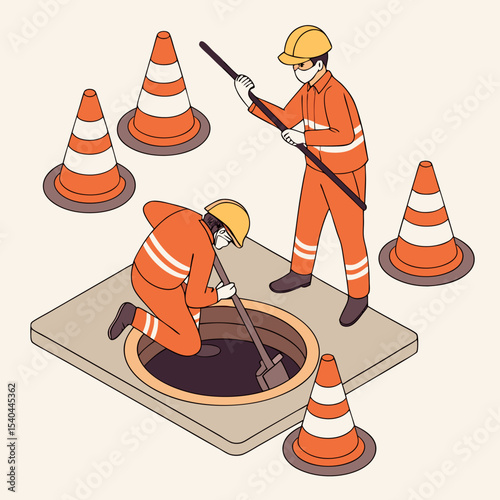 City maintenance crew performs manhole inspection and cleaning for drainage repair and waste control in an isometric isolated cartoon scene.
