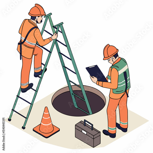 Isometric construction scene with industrial crew entering confined space using safety equipment, while supervisor monitors inspection data on a tablet.