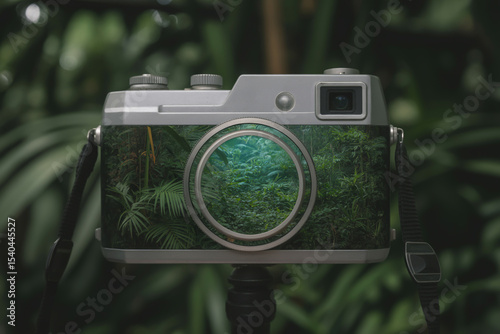 A vintage camera with a jungle scene reflected in the lens and body against a leafy background