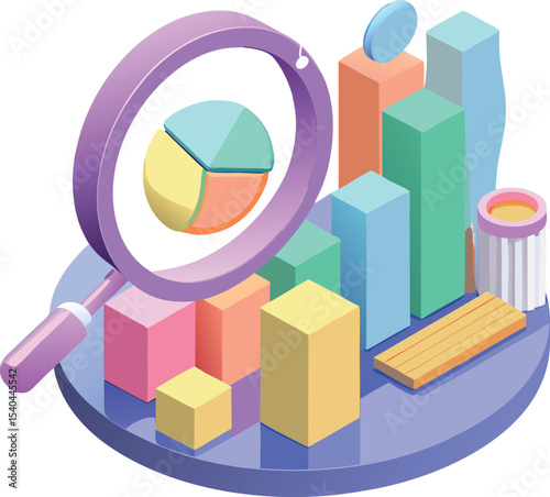 Isometric illustration of data analysis with pie chart and bar graph