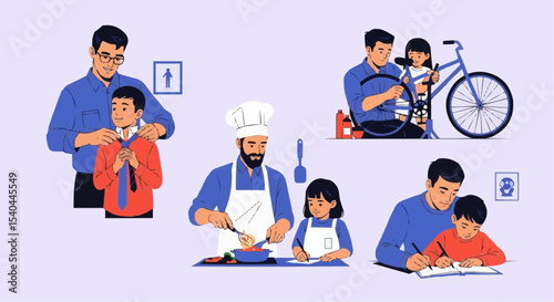 Set of vector illustrations of dads teaching life skills: tying a tie, fixing a bike, cooking, or helping with homework