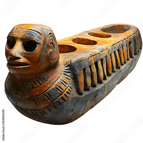 Ancient Maya ceramic ocarina, Classic period, effigy form with finger holes, musical instrument with ceremonial context, rich terracotta tones, isolated on a white background
