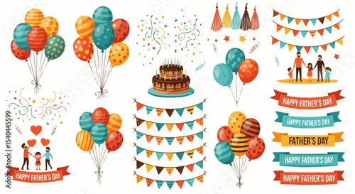 Set of vector illustrations of family celebrations: balloons, cake, decorations, and Father's Day banners