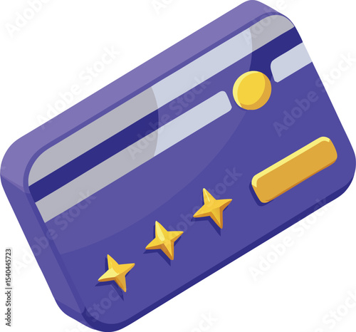 Isometric illustration of a purple credit card with gold details