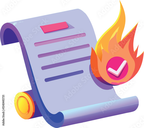 Urgent document approval with flaming check mark illustration