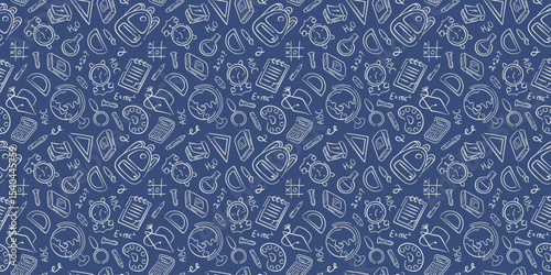 Seamless school doodle pattern with education elements, books pencil, globe, clock and backpack on blue background. Perfect for learning and children design.