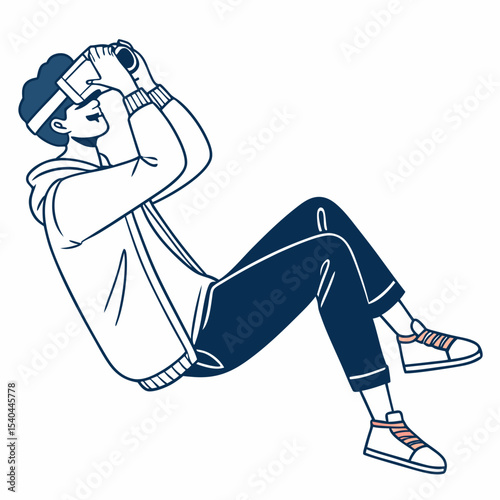 Young man experiencing virtual reality headset immersive technology