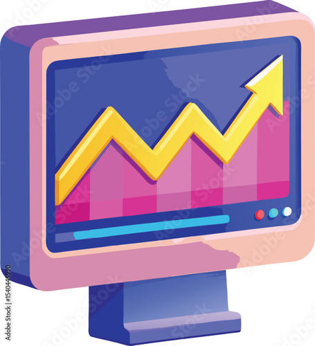 Isometric illustration of a computer displaying upward trending graph