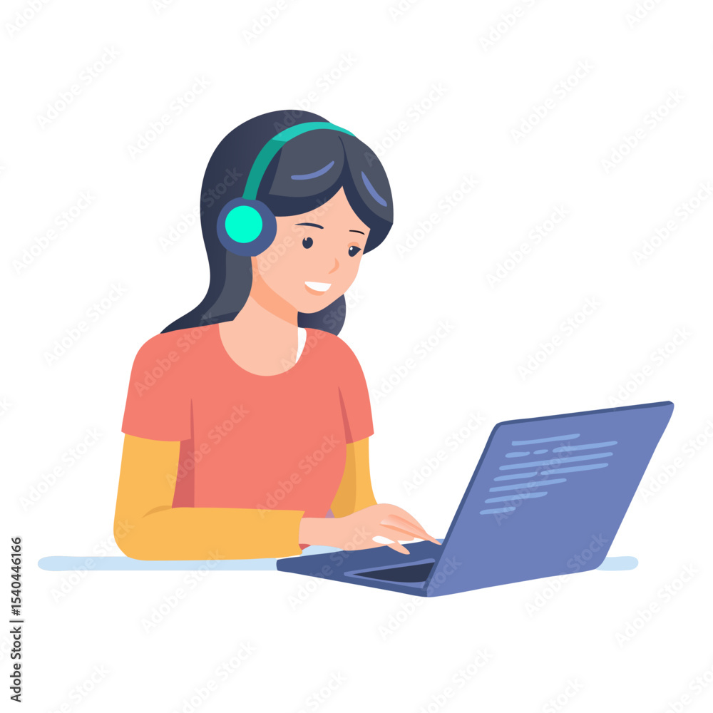Woman with headphones working on laptop, transparent background, professional cutout Woman with headphones working on laptop, transparent background, professional cutout