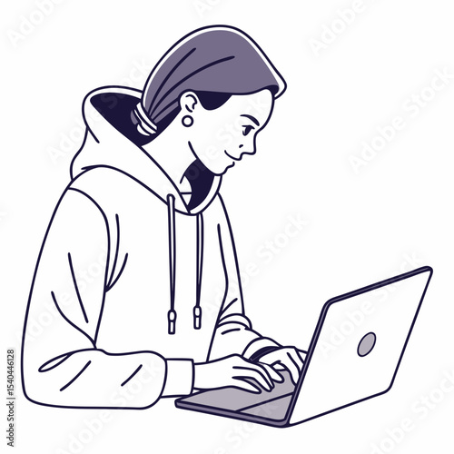 Woman in hoodie working on laptop computer digital nomad