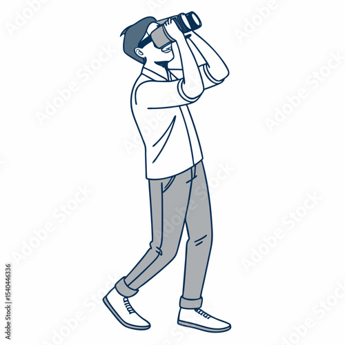 Man using binoculars looking upwards birdwatching nature observation