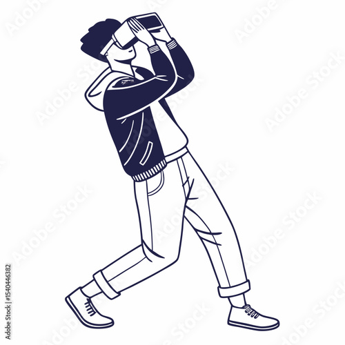 Young man experiencing virtual reality headset technology