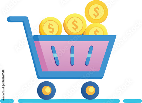 Shopping cart filled with golden dollar coins illustration